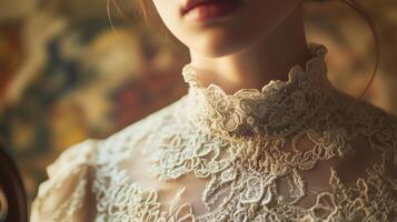 Elegant vintage lace dress worn by a woman, captured in soft lighting, highlighting intricate details and artistic background photo