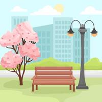 Spring illustration, park bench scene with pink tree and lantern on cityscape background vector