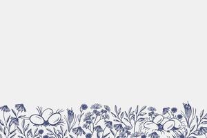 Easter banner with chicken nest, eggs and flowers in engraved vintage style. Hand drawn Paschal festive spring background with bloom field for text. Border with Christian motif vector