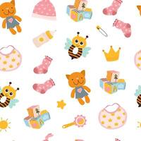 Seamless pattern for babies featuring essentials and toys. Adorable print for infants with a playful design. Perfect for wrapping paper, textiles, and baby shower decorations. vector