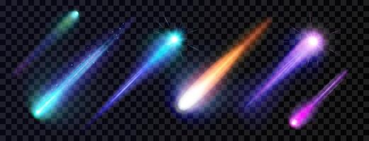 Light effect with a burning multicolored comet, meteor, shooting star. Set of realistic highlight design elements. An isolated neon rays on a dark background. Perfect for space designs. vector
