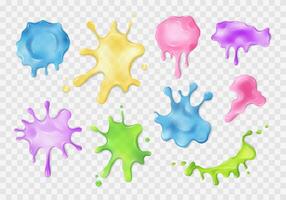 Liquid multicolored slime blots set. Realistic slimy stains with drops. Different shapes of sticky dripping toxic mucus. Isolated abstract textures. Transparent alien splashes, jelly, gelatin. vector
