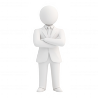 A simple 3D character in a suit with arms crossed, representing confidence and professionalism. png
