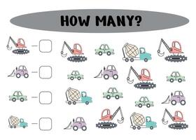 Mathematical game for children with transport. How many cars. Count and write. Educational material for children. Development of children's arithmetic skills. Printable sheet. vector