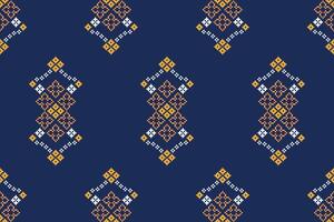 Cross stitch blue background color and motif ethnic pattern decor fabric design. vector