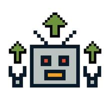 Pixel art character of 8bit cartoon AI robot check list generative tools idea think robot decoration. vector
