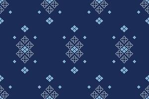 Motif fabric pattern with cross stitch blue background color and motif ethnic pattern decor. vector