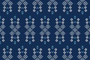 Ethnic geometric fabric pattern Cross Stitch.Embroidery Ethnic oriental Pixel pattern blue background motif. vector