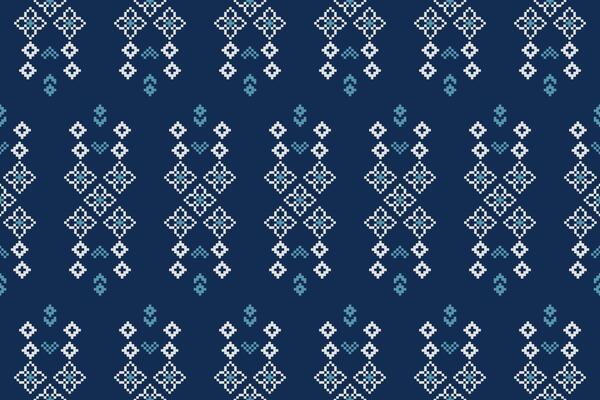 Ethnic geometric fabric pattern Cross Stitch.Embroidery Ethnic oriental Pixel pattern blue background motif.