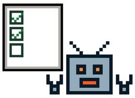 Chat bot cartoon robot chat 8 bit cartoon AI check list generative tools to increase productivity pixel art decor. vector