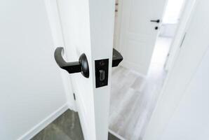 A black handle on a door handle in a white room photo