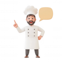 A cheerful chef character in white uniform with a speech bubble for customizable messages. png