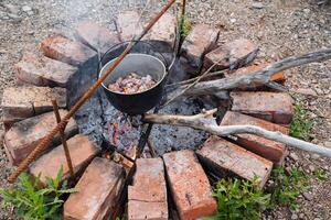 A pot of food cooking on an open fire photo