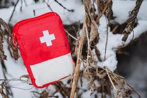 A red first aid kit in the snow photo