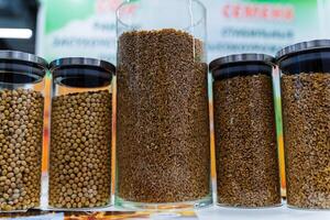 A group of jars with different types of fish food photo