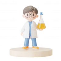 A cartoon scientist character holds a flask with yellow liquid, symbolizing research. png