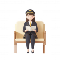 An airline attendant smiles while reading a flight schedule in a modern setting. png
