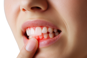 A close-up of a person's mouth showing swollen gums, indicating possible dental issues, with a finger pointing at the affected area. png