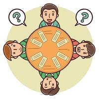 business people sitting around a table with question marks vector