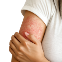 Close-up of a person's arm showing patches of red and dry skin, indicating a skin condition, with the person's hand gently touching the affected area. png