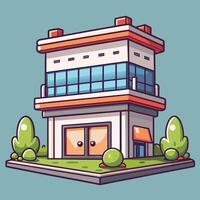cartoon building with a tree and bushes vector
