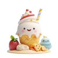 A delightful cartoonish ice cream cone topped with whipped cream, colorful sprinkles, and accompanied by cookies and strawberries. png