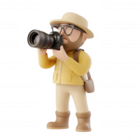 A photographer capturing nature with a camera, wearing a safari hat and vest. png
