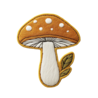 Charming embroidered mushroom patch with orange cap and white spots, perfect for adding a whimsical touch to any fabric. png