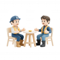 Two cartoon characters having a conversation at a table in a friendly setting. png