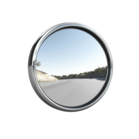 A close-up of a round mirror reflecting a clear blue sky and road, ideal for themes of reflection and perspective in design. png