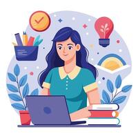 a woman is working on her laptop in front of a desk with other items vector