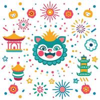 chinese new year background with lion, fireworks, and other symbols vector