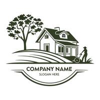 a house with a tree and a man mowing the lawn vector