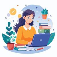 a woman is working on her laptop in front of a stack of books vector