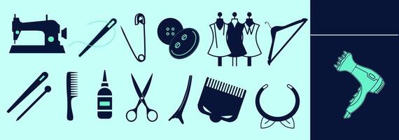Tailor's tools icon set. Sewing machine, needles, thread, scissors, pins, mannequins, safety pin, buttons, hairdryer. Editable elements, size and color. vector