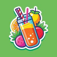 Tasty Fresh Juice with Straw in a Clear Glass Surrounded by Various Fruits Such as Lemon and Orange Complementing a Bright and Green Background vector