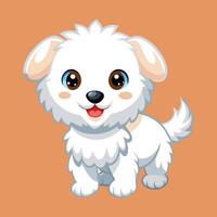 Cuddly White Puppy Character with Big Eyes and Fluffy Ears Smiling Brightly Against a Warm Orange Background Bringing Cheer and Happiness to All Viewers vector