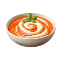 Delicious tomato soup served in a bowl with cream swirl and fresh basil isolated on transparent background png