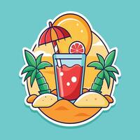 Delightful Beach Scene with Chilled Drink and Beach Umbrella Surrounded by Palm Trees on Soft Sand Capturing the Essence of Summer Vibes and Relaxation vector