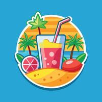 Tasty Yellow Drink with Straw with Citrus Fruits in Vibrant Tropical Setting Surrounded by Palm Trees Against a Bright Blue Background for Summer Appeal vector