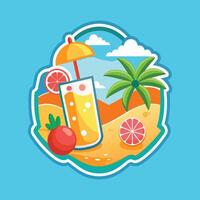 Sunny Beach Background Featuring Refreshing Drink with Umbrella Citrus Fruits and Palm Trees Perfect for Evoking a Warm Summer Day in a Relaxing Atmosphere vector