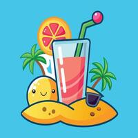 Refreshing Pink Drink with Lemon and Cherry Garnish Surrounded by Tropical Palms and Crispy Sand Creating a Relaxing Beach Vibe on a Blue Background vector