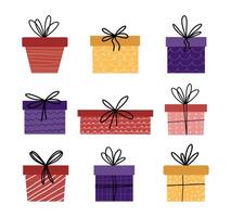 Set with gifts. Cute hand drawn elements isolated on white background. Illustration with texture and line bows. vector