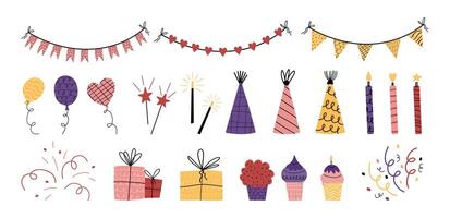 Big collection for birthday, for holiday. Cute various elements with texture isolated on white background. Cupcake, cake, gift, crackers, fireworks, flags vector