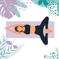 Woman faceless doing yoga exercises, practicing meditation in butterfly pose with exotic plants. International yoga's day vector