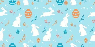 Blue and white hand-drawn easter pattern with bunnies, doodles, flowers and eggs on seamless pattern pastel background vector