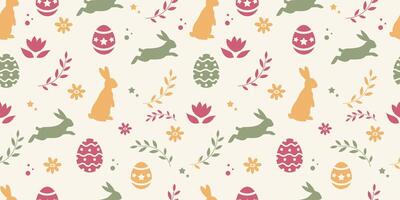 Orange and green hand-drawn easter pattern with bunnies, doodles, flowers and eggs on seamless pattern pastel background vector