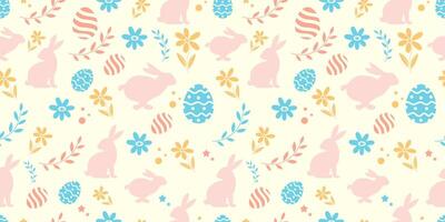 Blue and pink hand-drawn easter pattern with bunnies, doodles, flowers and eggs on seamless pattern pastel background vector