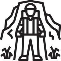 A man with a backpack and hiking poles standing in the mountains vector
