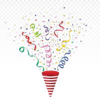 Colorful confetti and ribbon explosion with a party cone on a white background. Party, anniversary, or Birthday celebration tin foil and confetti . Multicolor party popper and paper scrap design vector